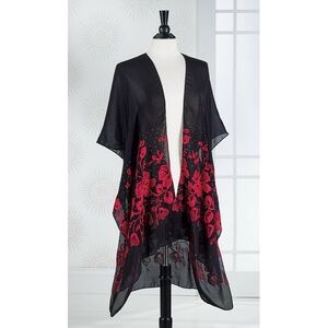 Jessica McClintock Embroidered Flower Kimono black/red Onesize
